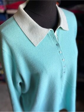 Jones New York Light Aqua Cashmere Polo Cardigan 2X